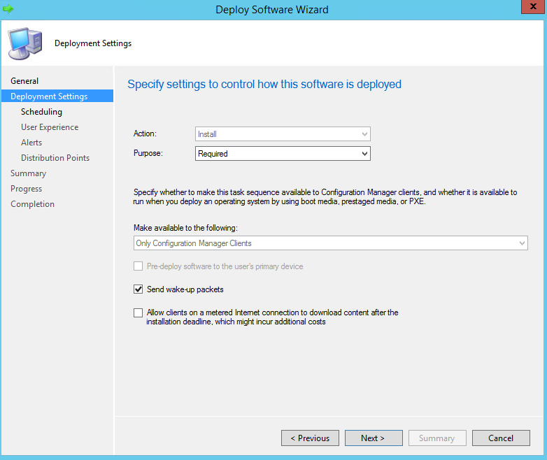 Operating systems and task sequences Deployment settings Deploy Software Wizard