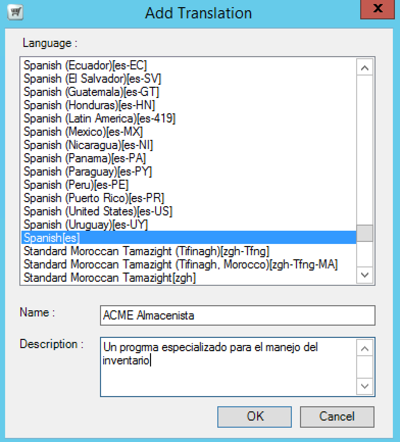 Choosing a language to add from the Add Translations dialog