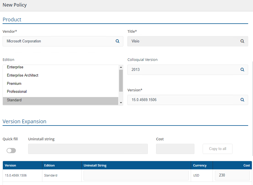 new Policy page Visio Standard