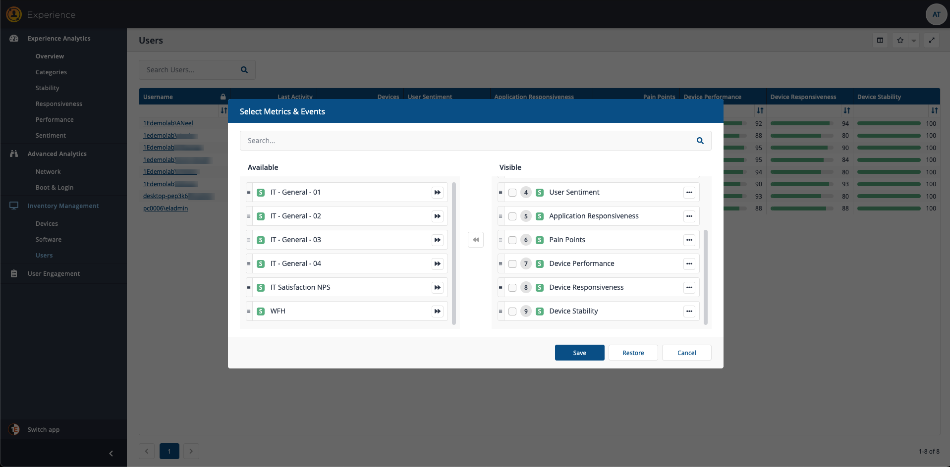 Users page - Select Metrics