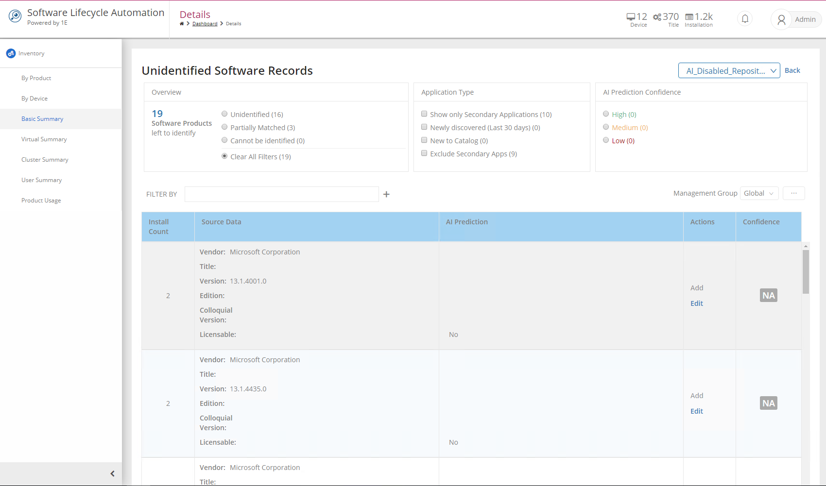 AI Predictions for Unidentified Software Records AI disabled