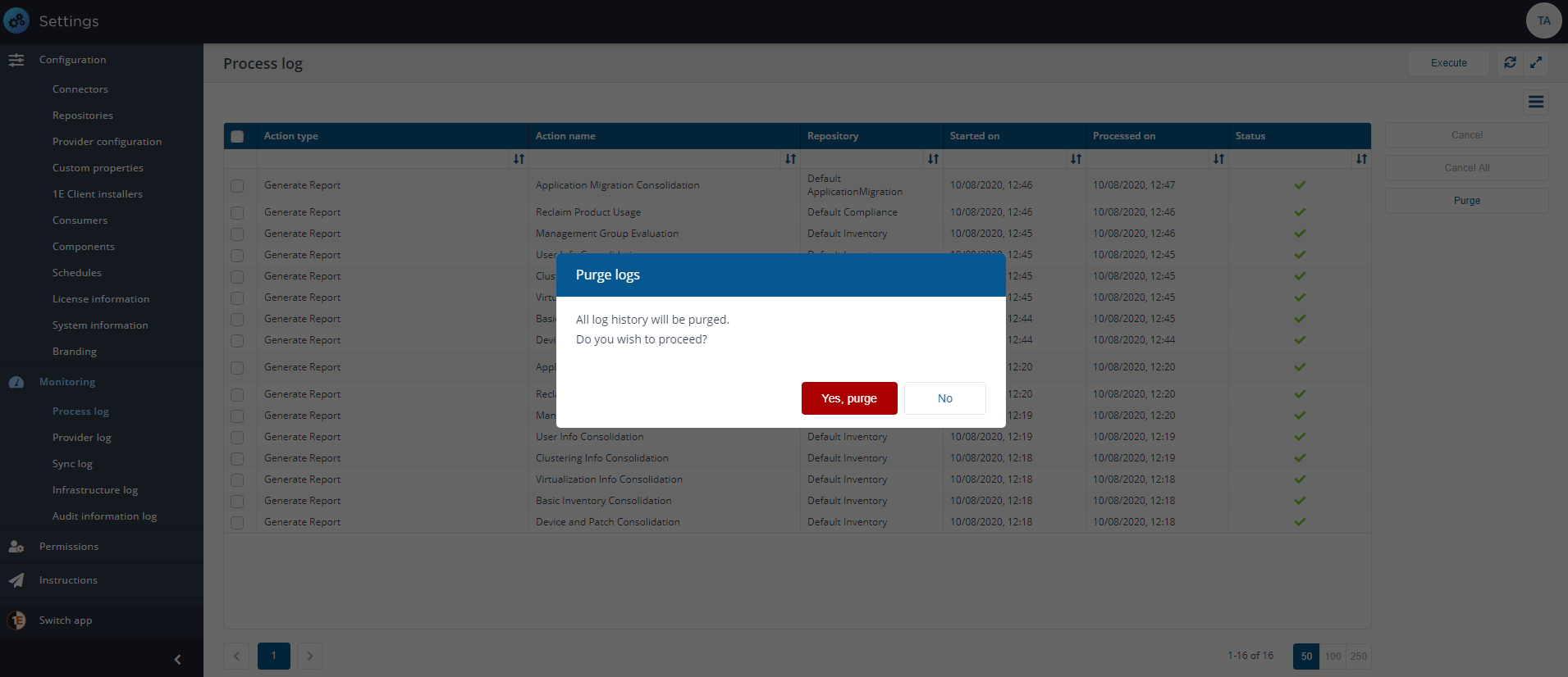 Process log Purge confirmation