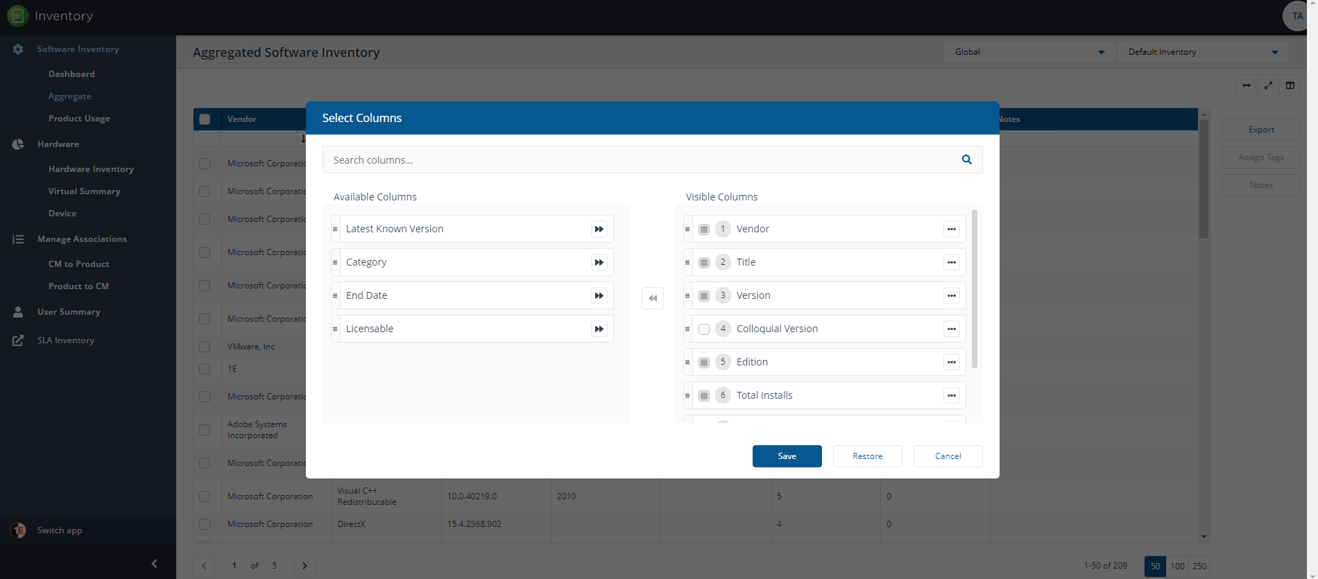 Aggregated Software Inventory - choose columns