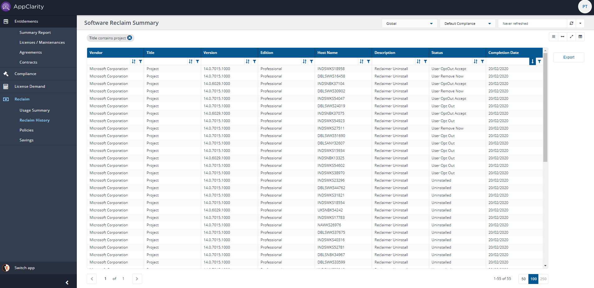 Software Reclaim Summary filtered