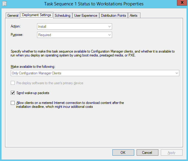 Operating systems and task sequences - Deployment Settings