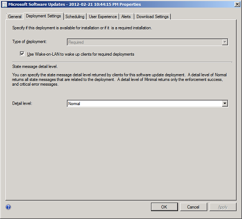 Configuring wake up on the Deployment Settings tab