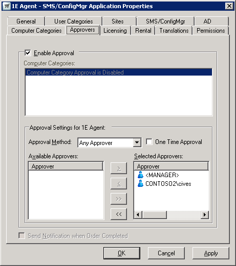 Approvers tab in the Application Properties dialog