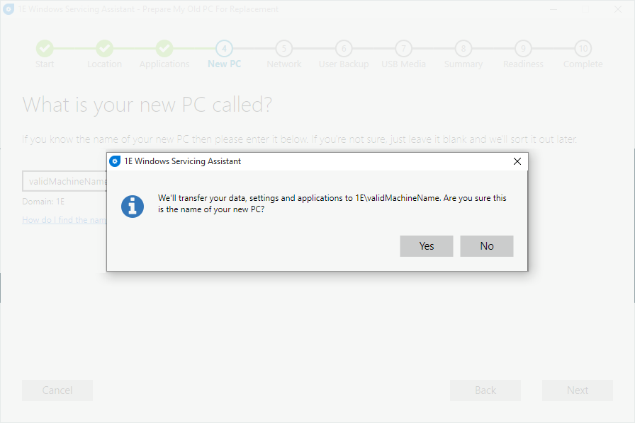 Dialog text for the New PC screen