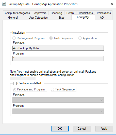 Properties for the Backup my data Configuration Manager Application