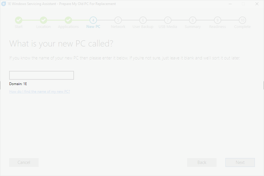 Domain text on the New PC screen