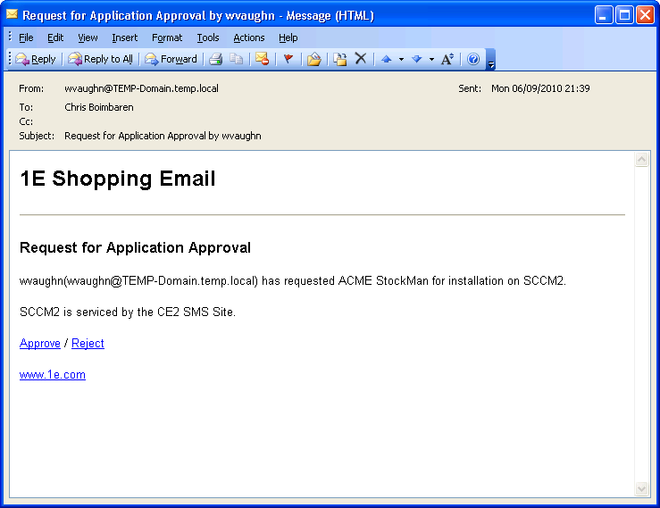 Email application request notification for approver