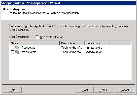 Associating an application with a user category