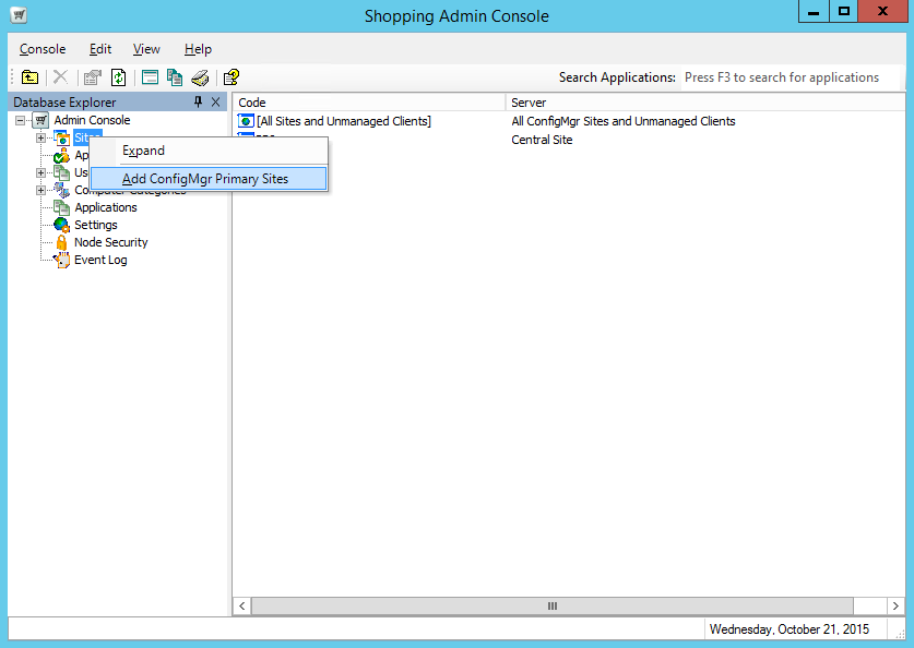 Adding Configuration Manger primary sites from the Shopping Admin console