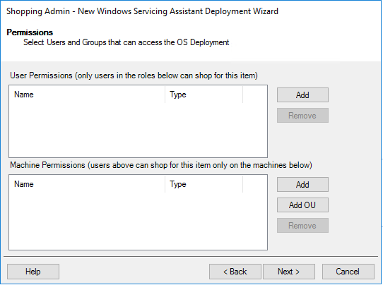 Setting restrictions for the deployment in the Permissions screen