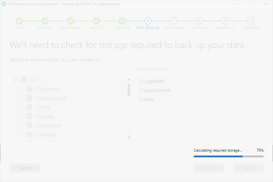 Calculating storage space on the User Backup screen