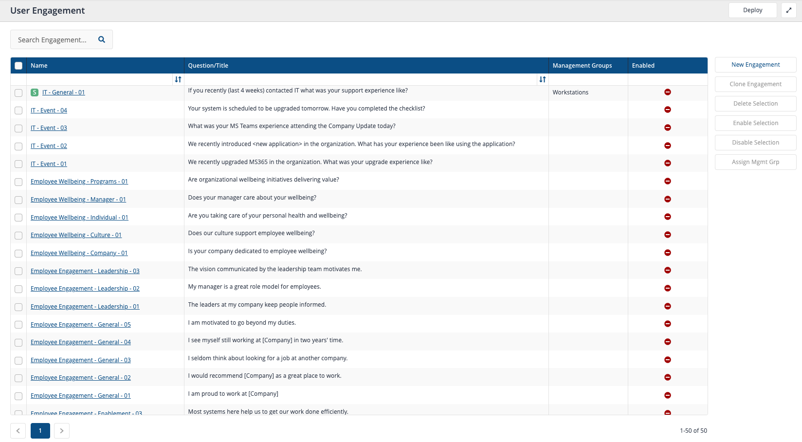 User Engagement Landing Page searchable table