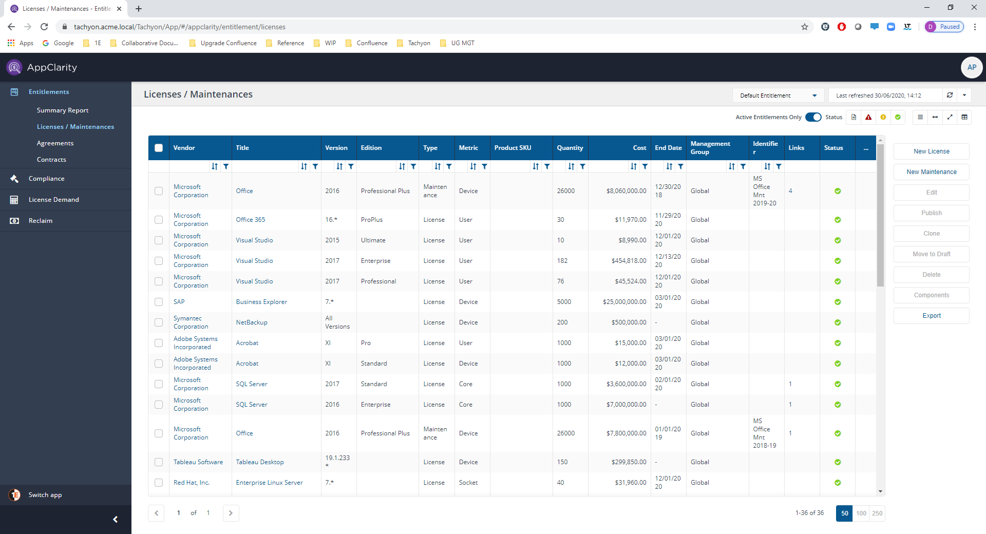 Licenses and Maintenances page