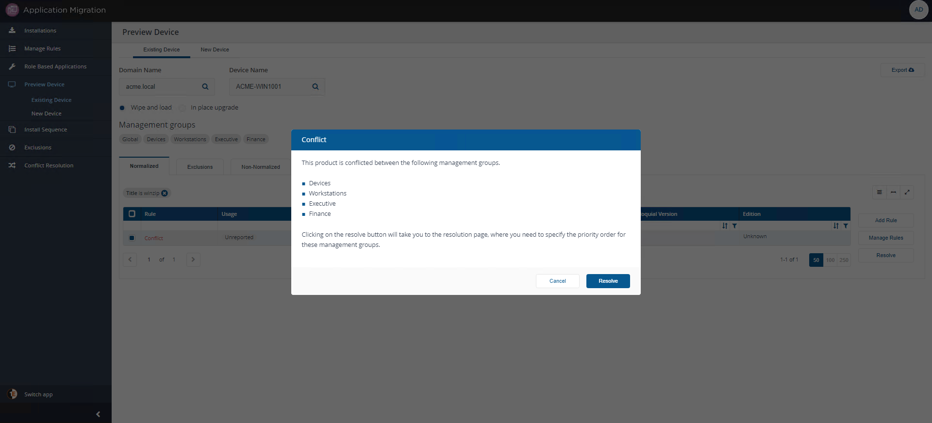 Preview Device Resolve conflict popup