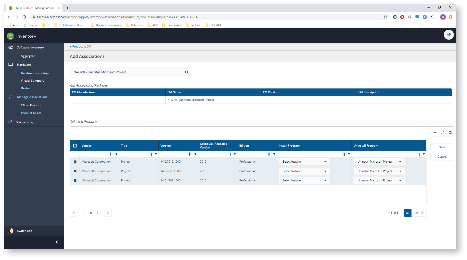 Product to CM - Add Associations - Selecting the Products and setting the uninstalls