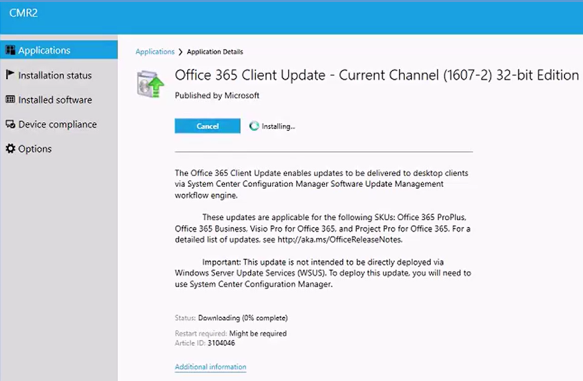 Installing the Office 365 update from Software Center