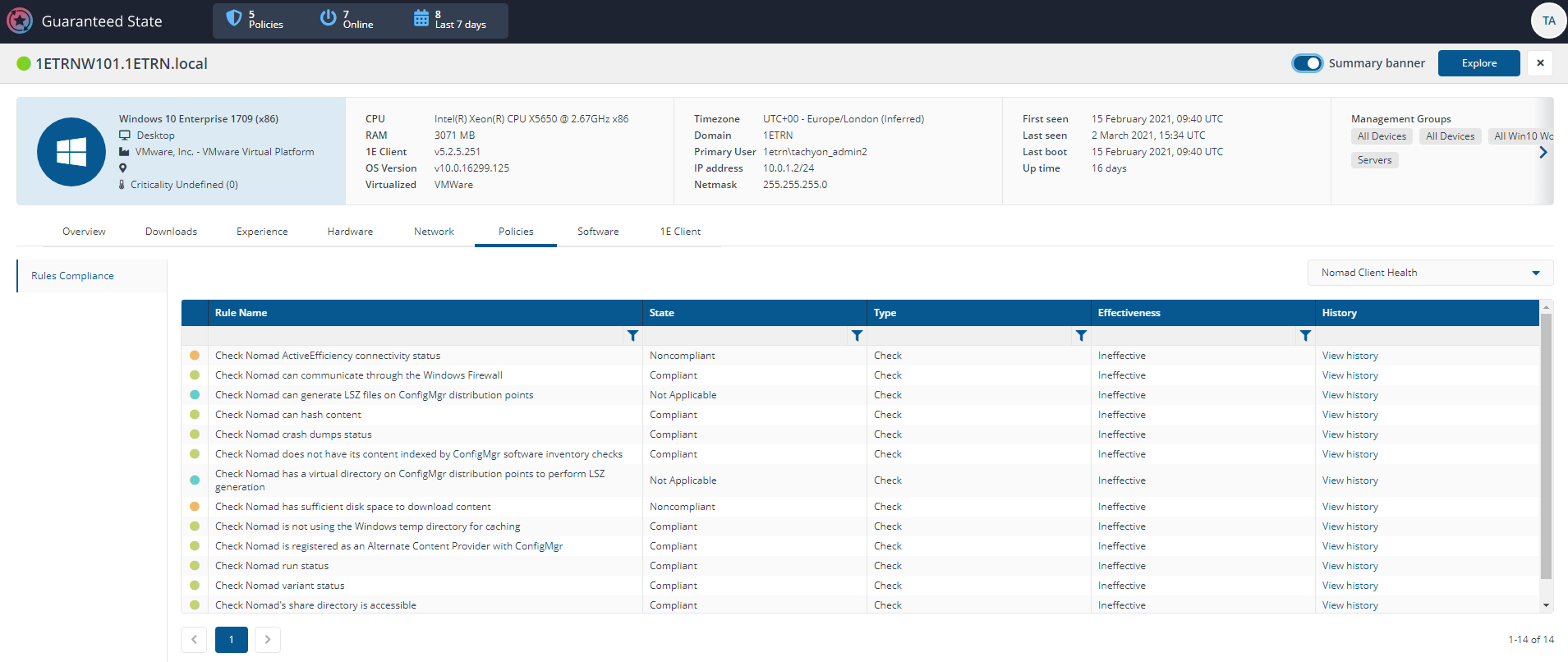 1ETRNW101 Device View - Client Health