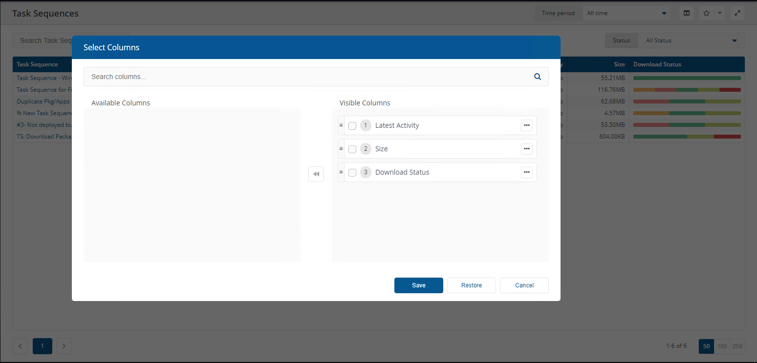 Task Sequence Column Chooser Select Columns