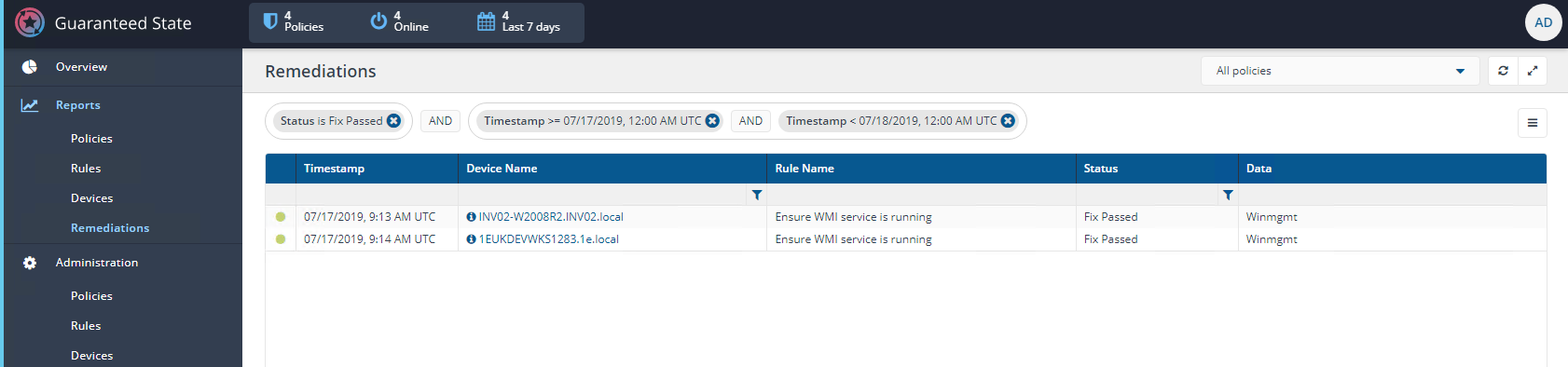 Policy Rule Remediations Last 7 days detail