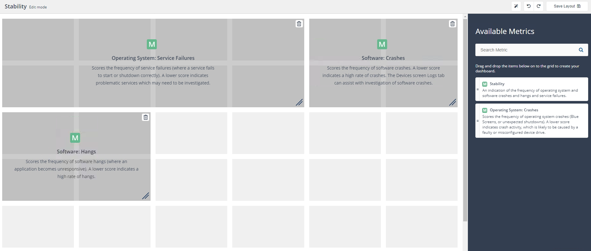 Optimised metrics view