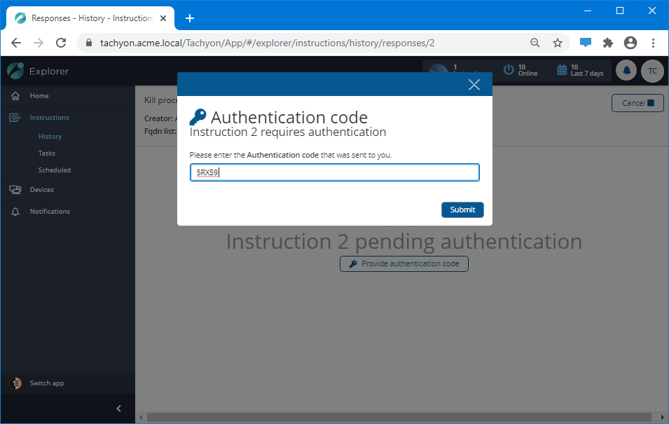 Entering the authentication code